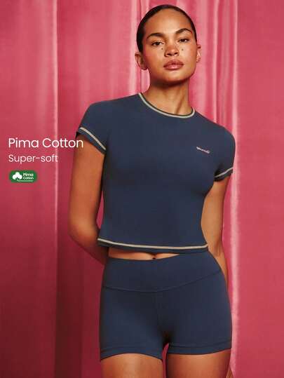 GLOWMODE Valentine's Day Pima Cotton Everyday Crush Contrasting Color Stitch Embroidered Logo Slim Fit Waist Length Crewneck Tee Daily Casual Wear