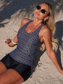 Swim Lushoire 2pcs/Set Irregular Polka Dot Print Drawstring Waist Elastic Waist Casual Beach Vacation Vest Camisole & Shorts Bikini Set, Hot Selling Spring/Summer - Black and White - View 1