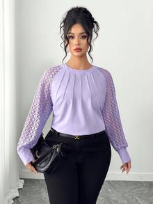 Elenzga Plus Size Women Casual Round Neck Lace Patchwork Long Sleeve Solid Color T-Shirt - Purple - View 7