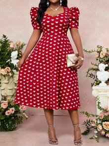 Fleurora 大码女式心形印花甜心领泡泡袖优雅连衣裙 - 彩色 - 查看 5