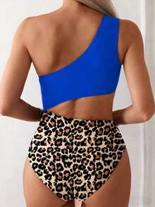 Swim Lushoire 女士连体泳衣，不对称肩部设计，纯色拼接豹纹印花，无袖，休闲舒适，适合度假游泳 - 彩色 - 查看 2