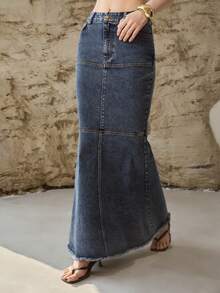 MOTF PREMIUM 女士时尚优雅美人鱼牛仔裙，春夏款 - 藍色 - 查看 5