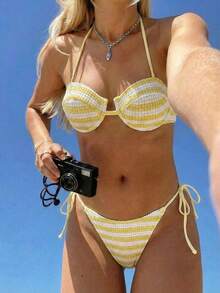 Swim Mod Bộ bikini nữ mới, chất liệu vải có họa tiết, có gọng nâng ngực, dây đeo có thể điều chỉnh, 2 mảnh cho kỳ nghỉ hè ở bãi biển, gợi cảm và dễ thương, giúp thon gọn vóc dáng. - Màu vàng - Xem 5