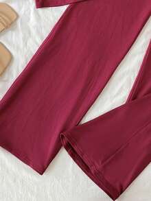 SHEIN Tween Girl Spring/Summer Casual Commuter Fitted Off Shoulder Ruched High-Stretch Knit T-Shirt And Matching Woven Slim Straight Leg Pants Set, Burgundy - Burgundy - View 4