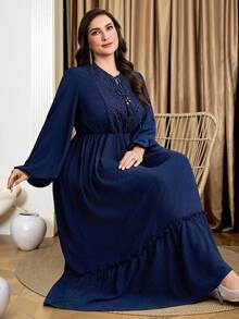 Al Najma Plus Size Women Contrast Lace Tie-Up Fringe Ruched Elegant Waist Lantern Sleeve Party Dress Fall - Navy Blue - View 4