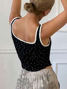 DAZY Ditsy Floral Contrast Trim Camisole Top With Built-In Bra Pad For Women - Black - View 2