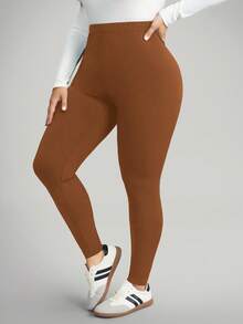 Comfylo Plus Size Women Casual Solid High Waist Leggings - Brown - View 5