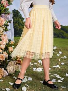 SHEIN Tween Girl Elegant Vacation High Waist Plaid Mesh Skirt With Lining - Apricot - View 5