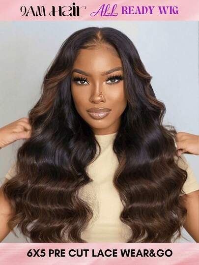 ALL READY WIG Wear & Go Wig 6x5 Lace Black To Chestnut Brown Ombre Loose Wave Glueless Wig With Bleached Knots Plucked Natural Hairline 180% Density Remy Hair With Baby Hair 24inch