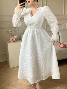 DAZY Women's Elegant Lace Patchwork V-Neck Puff Sleeve Dress, Spring/Summer - Beige - View 5