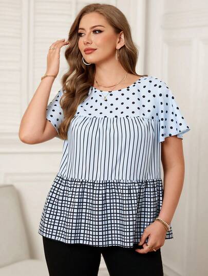 EMERY ROSE Plus Size Women's Polka Dot & Striped Print Round Neck Ruffle Sleeve Casual Blouse Summer Tops Women Curve