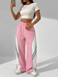 StreetHx 女士弹力腰带条纹阔腿宽松休闲裤 - 粉色 - 查看 3