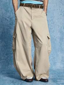 ROMWE MEN Street Life Quần cargo ống rộng dáng suông, phong cách đường phố thường ngày dành cho nam giới. - Màu Khaki - Xem 6