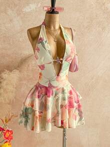 Soleia 性感V领交叉装饰镂空露背系带纹理面料不对称下摆迷你连衣裙，适合派对、圣诞节、约会、夜店、海滩、邮轮、下午茶、波西米亚风、度假、秋季女装、复古风 - 彩色 - 查看 5