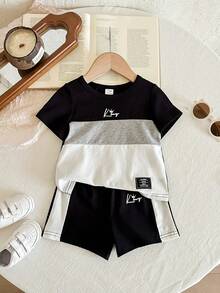 LMoss Kids LMoss Baby Boys' Contrast Color Round Neck Short Sleeve Casual T-Shirt & Shorts Set, 2 Piece Black Summer Boy Outfit Sets For Toddler Beach - Multicolor - View 8