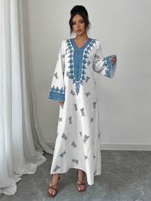 Yasmyna Women's Loose Fit Printed Long Sleeve Arabic Style Dress Mediterranean Al-Adha Summer Caftan Boho Tops Tunic Blouse Long Summer Dress - Blue - View 3