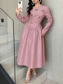 Modelyn 女士优雅纯色不对称领口长袖花卉装饰连衣裙 - 粉色 - 查看 5