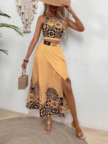 Breezaya 无袖复古优雅裹身开衩裙两件套 - 薑色 - 查看 5