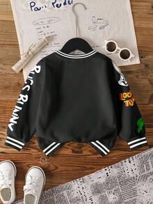 LOONEY TUNES X SHEIN Áo nỉ giữ ấm họa tiết thỏ và chữ in họa tiết sọc tương phản cho bé trai, mùa thu/đông - trắng - Xem 2