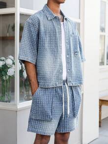 Manfinity EMRG 男士休闲牛仔街头风钩针蓝色牛仔套装 - 中等水洗藍 - 查看 3