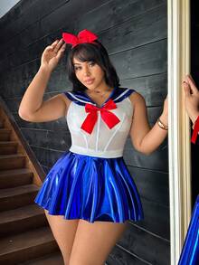 Fantasy Costume Plus Size Shiny Reflective Slimming Contrast Color Big Bow Clubwear Costume For Bars, Parties, Clubs - Blue and White - View 5