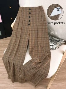 Franclia 大码女式秋冬阔腿裤，格子图案，高腰宽松直筒裤，适合休闲或商务场合穿着。 - 彩色 - 查看 6