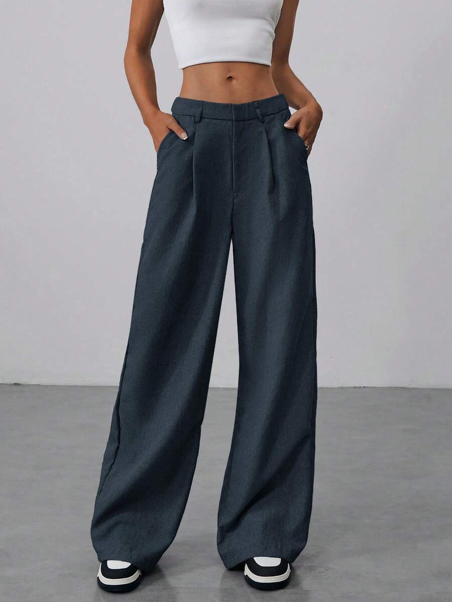 Aloruh Women's Straight Leg Wide Leg Super Long Trousers With Double Waistband Design, Suitable For Commuting, Daily Wear, Office, Autumn/Winter - Navy Blue - View 1