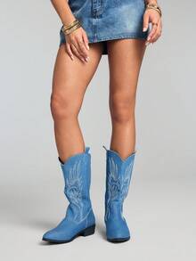 Grunge Punk 2025 秋冬复古美式刺绣帆布尖头西部女靴蓝色帆布时尚高帮女靴女高跟粗跟马靴时尚朋克风格切尔西女靴，牛仔靴 - 淺藍色 - 查看 2