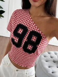 SHEIN SXY Asymmetric Collar Red & White Plaid Numeric Print Top,Carnival,Party,Rave Outfit ,Summer, Spring,Beach,Going Out,Y2K,Red , Plaid - Multicolor - View 7
