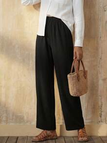EMERY ROSE Solid Elastic Waist Straight Leg Pants - Black - View 5