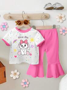 一套女婴可爱兔耳豹纹爱心印花圆领短袖T恤和针织喇叭裤套装，卡通兔子印花，春夏皆宜，夏季套装，复活节套装 - 彩色 - 查看 1