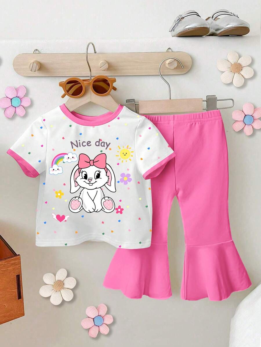 一套女婴可爱兔耳豹纹爱心印花圆领短袖T恤和针织喇叭裤套装，卡通兔子印花，春夏皆宜，夏季套装，复活节套装 - 彩色 - 查看 1
