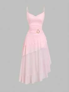 Sweetra Elegant French Style Romantic Ruffled Hem Fitted Casual Dress With Metal Buttons, Suitable For Dates, Vacation, Pink - Pink - View 1