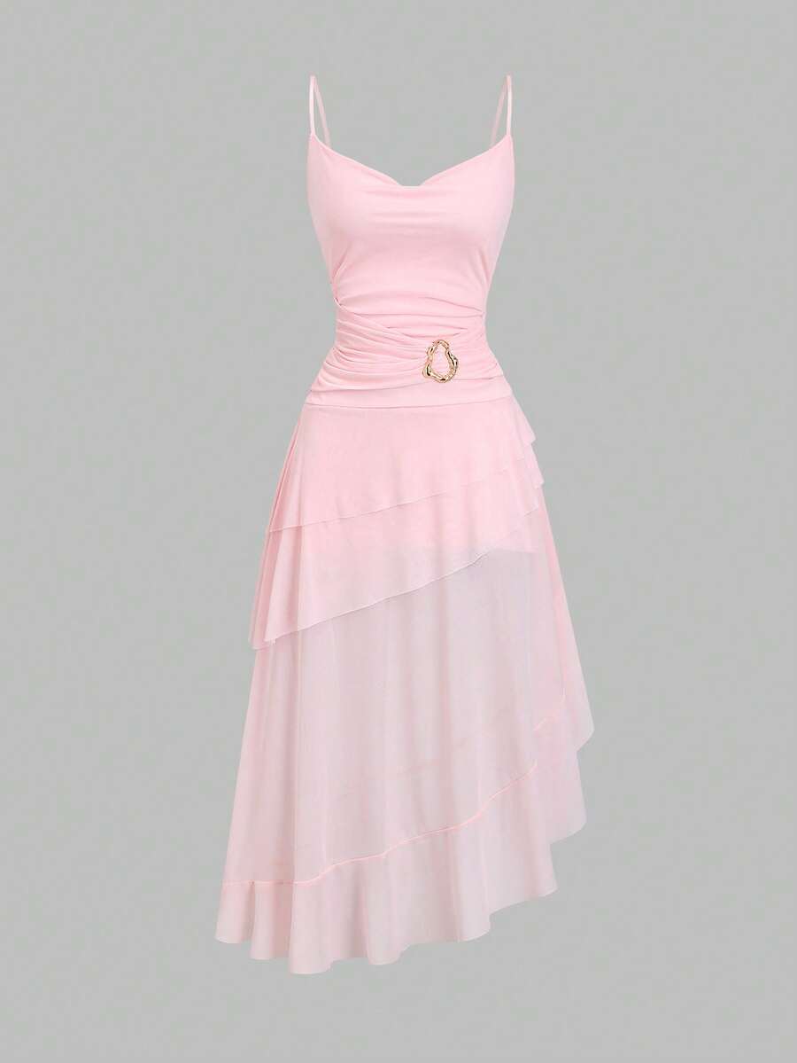 Sweetra Elegant French Style Romantic Ruffled Hem Fitted Casual Dress With Metal Buttons, Suitable For Dates, Vacation, Pink - Pink - View 1