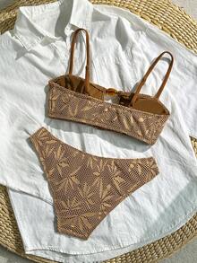 Swim Vcay Bộ đồ bơi cổ yếm họa tiết lá phong, vải đính cườm trang trí cho nữ, thích hợp đi biển và ngày lễ, mùa xuân/hè - Màu Khaki - Xem 4