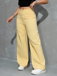 Jeanoix Women's Casual Solid Color Slant Pocket Straight Leg Jeans - Mustard Yellow - View 5