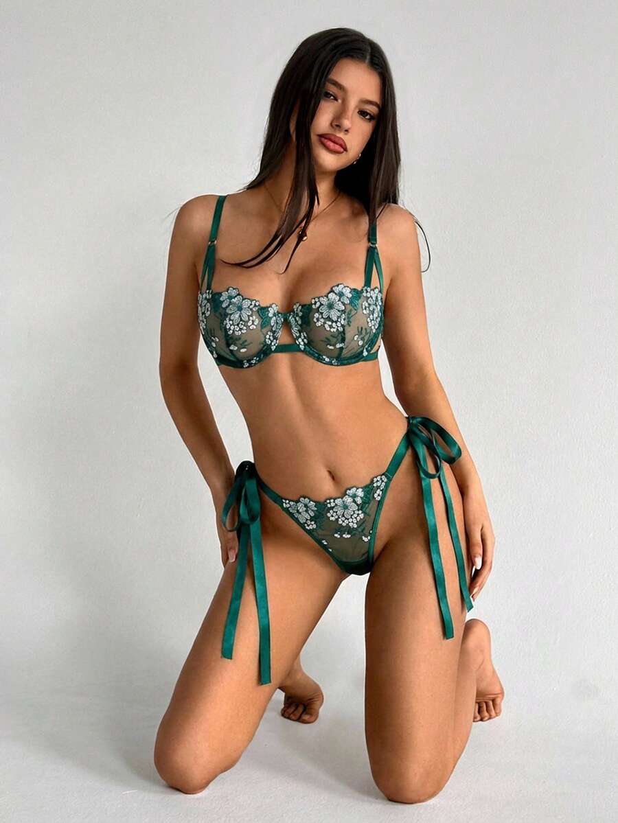Aloruh 2pcs Sky Blue Embroidered Lace-Up Women's Lingerie Set - Dark Green - View 1