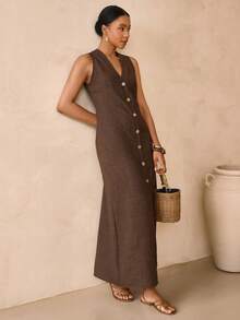Vesra Coffee Brown V-Neck Button Front Casual Dress For Women - Coffee Brown - View 6