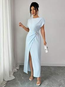 Elenzga Elegant Urban Chic New Women's Light Blue Metal Ring Buckle High Waist Asymmetric Pleated Slit Fitted Ankle-Length Dress, Suitable For Daily Wear, Weddings, Galas, Commuting, Graduation Parties, Holidays, Vacations, Dates, Parties, Halloween, Christmas, New Year, Thanksgiving, Weddings - Blue - View 3