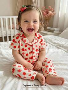 Cozy Pixies 2pcs Baby Girl Strawberry Print Lapel Long Sleeve Cardigan And Elastic Waist Pants Set - Red - View 10