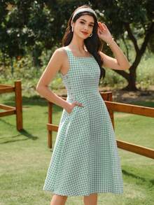 xheVintamour Vestido de corte A estilo vintage elegante para mujer con estampado floral de pequeñas flores, cuello cuadrado, sin mangas, con tirantes, decoración con botones, informal, adecuado para vacaciones y días festivos, vestido veraniego para mujeres, ropa de verano elegante para mujeres, vestidos para el sol para mujeres, vestidos de cumpleaños para mujeres, vestidos para mujeres, ropa de verano para mujer, vestidos de verano para mujer, atuendos de vacaciones para mujer, atuendos de cumpleaños para mujer, atuendo de concierto de campo para mujer, vestidos de verano casualesxhe - verde menta - Ver 3