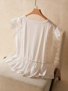 Elaquor Women Plus Size White Summer Elegant Party Lace Patchwork Ruffle Hem T-Shirt,Casual Round Neck Babydoll Tops,Solid Color Lace Blouses For Woman - White - View 2