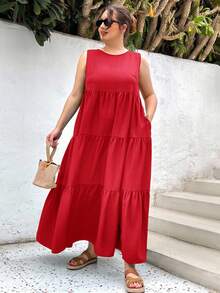 SHEIN Essnce Đầm dài dáng rộng có túi dành cho nữ cỡ lớn mùa hè, kiểu dáng thường ngày, thích hợp cho kỳ nghỉ lễ Phục Sinh, quần áo mùa hè cho nữ, đầm đi biển cho nữ, đầm màu xanh lá cây, đầm dài mùa xuân, trang phục nghỉ xuân, đầm thường ngày cho nữ, đầm có túi, đầm dài đi biển. - Đỏ - Xem 1