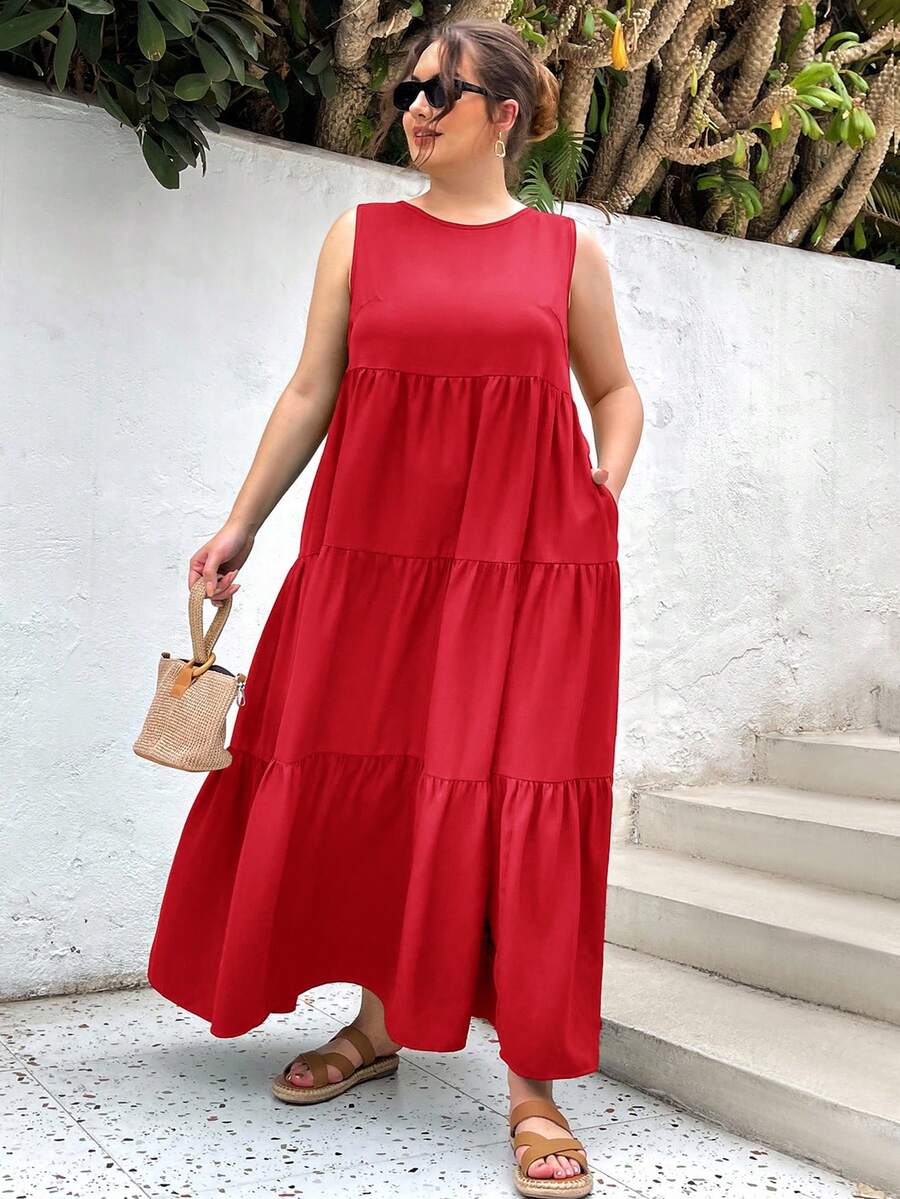 SHEIN Essnce Đầm dài dáng rộng có túi dành cho nữ cỡ lớn mùa hè, kiểu dáng thường ngày, thích hợp cho kỳ nghỉ lễ Phục Sinh, quần áo mùa hè cho nữ, đầm đi biển cho nữ, đầm màu xanh lá cây, đầm dài mùa xuân, trang phục nghỉ xuân, đầm thường ngày cho nữ, đầm có túi, đầm dài đi biển. - Đỏ - Xem 1