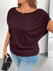 SHEIN Essnce Plus Size Women's Spring And Summer Fashion Casual Loose And Comfortable Daily Versatile Slim Black Off-Shoulder Short-Sleeved T-Shirt, Simple Style,Work Tops,European Summer,Off The Shoulder Top,Church Clothes For Women,Teacher Clothers - Brown - View 3