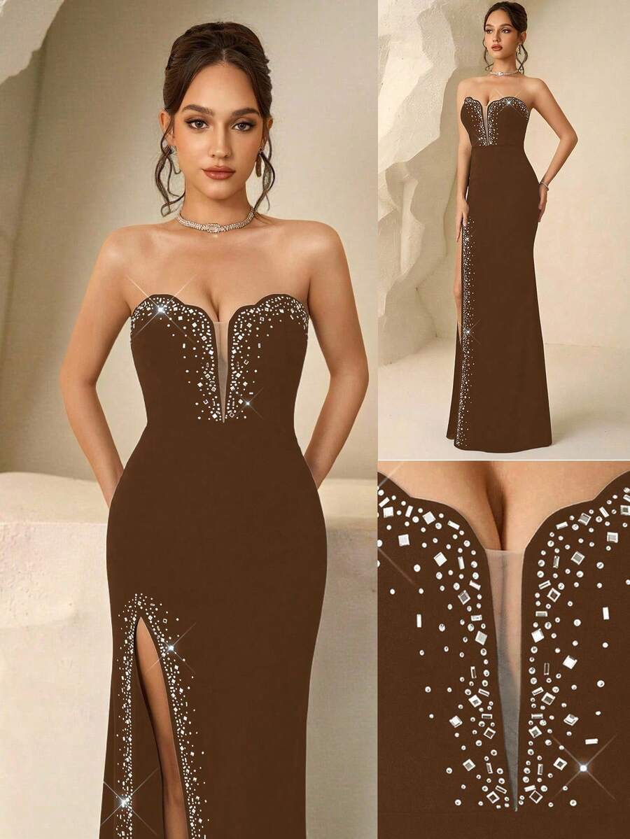 Coutiva 女士无肩带优雅正式晚礼服,开衩设计,适合夏季穿着 - 棕色 - 查看 1