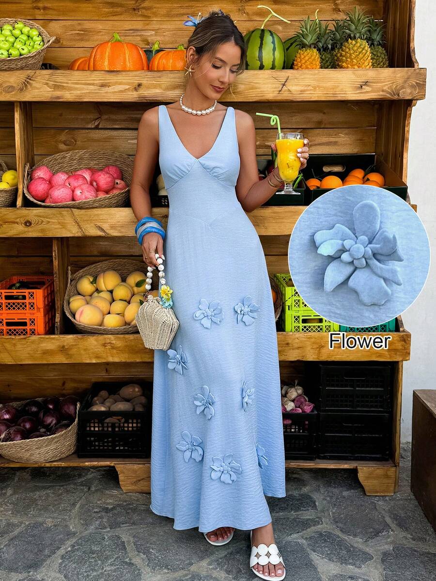 Selianne 浅蓝色亚麻无袖V领收腰A字连衣裙，花卉装饰，优雅标准尺码女装，春夏款 - 藍色 - 查看 1