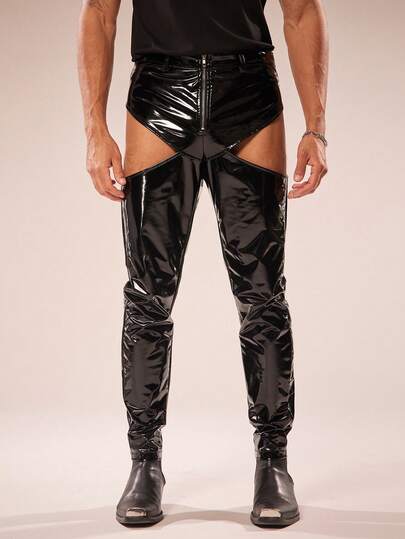 FeverCity Men's Solid Color Personalized PU Leather Hollow Design Pants, Suitable For Parties And Gatherings