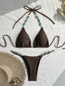 Swim Vcay Bộ đồ bơi hai mảnh dành cho nữ, gồm áo và quần bơi dệt kim jacquard màu trơn, kiểu cổ yếm, thích hợp cho kỳ nghỉ biển, mùa xuân/hè. - Cà phê nâu - Xem 3