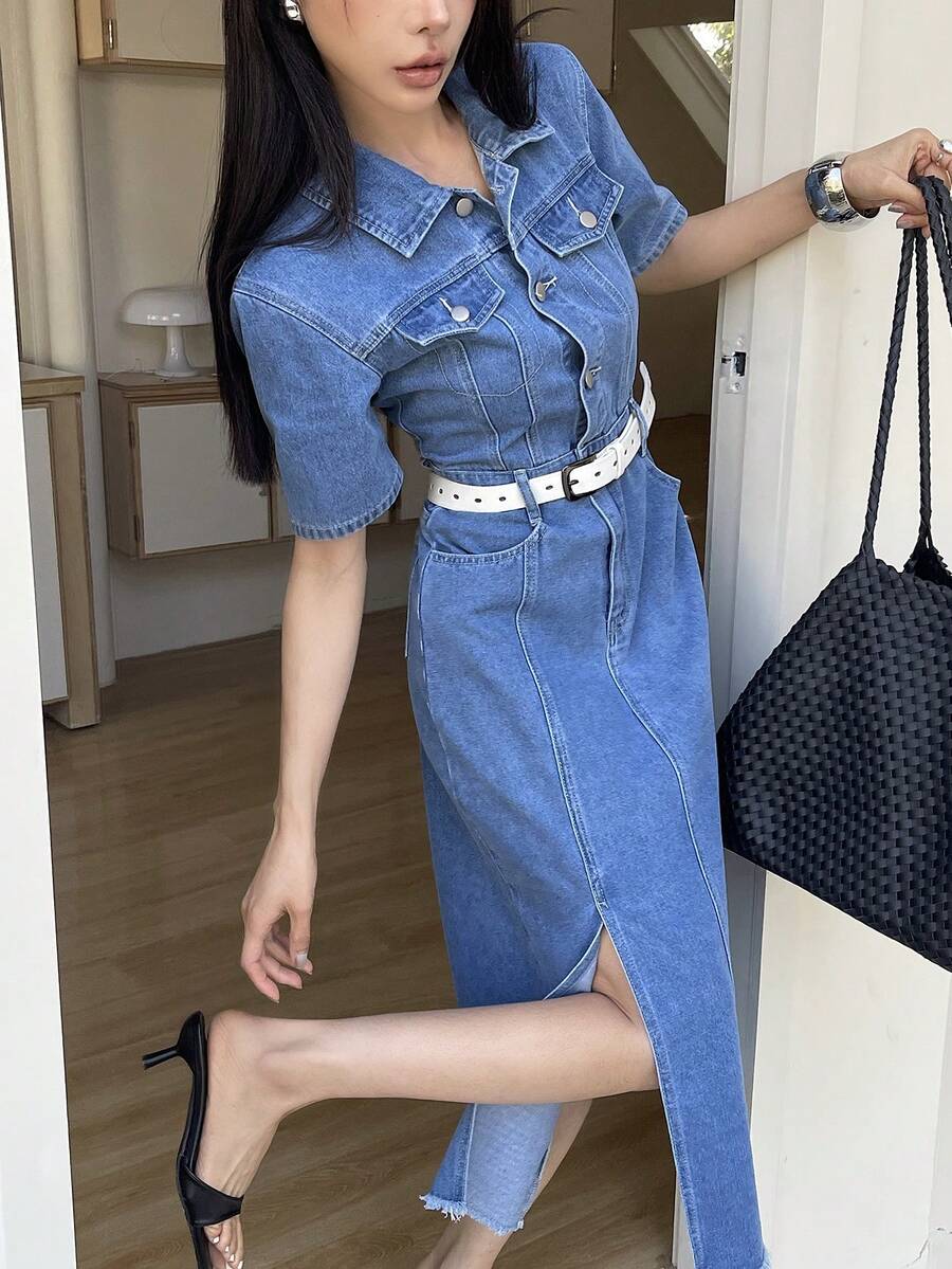 DAZY 女士休闲水洗牛仔衬衫裙，带假口袋和开衩，夏季 - 中等水洗藍 - 查看 1